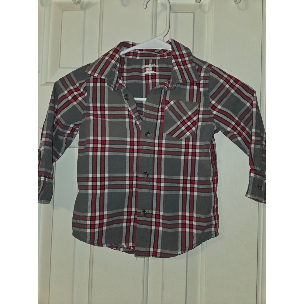 Garanimals Boys 3T Plaid Button Down Shirt Grey Red White Long Sleeve Cotton Top